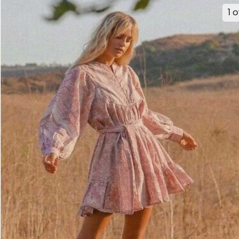 CLEOBELLA Pink Lenox Mini Smock Dress Block Print Cottage Core S Small $208